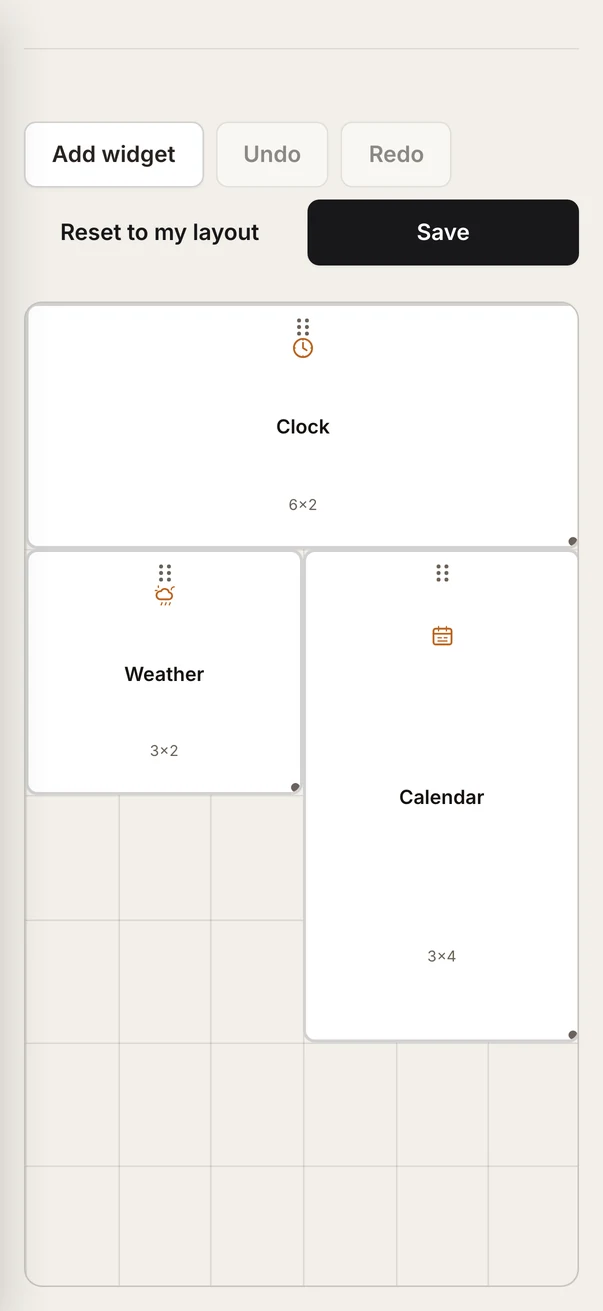 The Lucarnia layout editor on a phone: a snapping grid holding a clock across the top, with weather and calendar tiles below it.